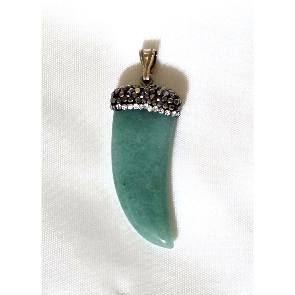 Vintage Sterling Silver Green Aventurine Italian Horn Pendant Pavé Marcasite Cap